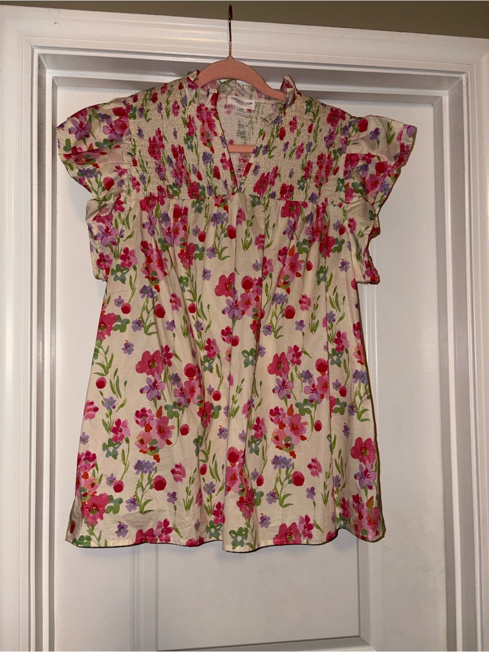 Chic Soul Cream Floral Smocked Flutter-Sleeve Top - Pink & Green